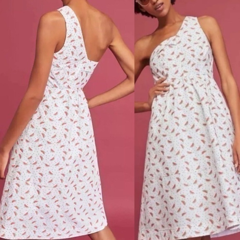 Anthropologie HD In Paris One Shoulder White Watermelon Print Dress Size 6